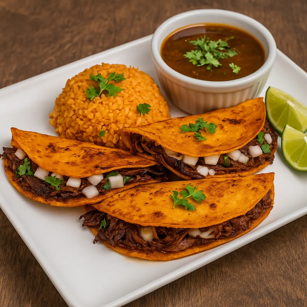 Cheesy birria tacos at Vallarta’s Wesley Chapel with shredded beef, onions, cilantro, Mexican rice, birria consomé, and lime wedges on a white plate