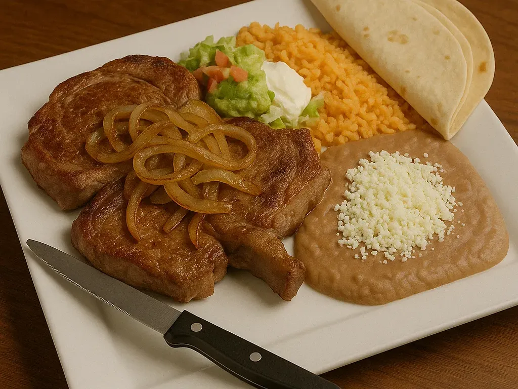 Carne asada plate at Vallarta’s Wesley Chapel with grilled ribeye steaks, onions, refried beans, rice, guacamole salad, and tortillas