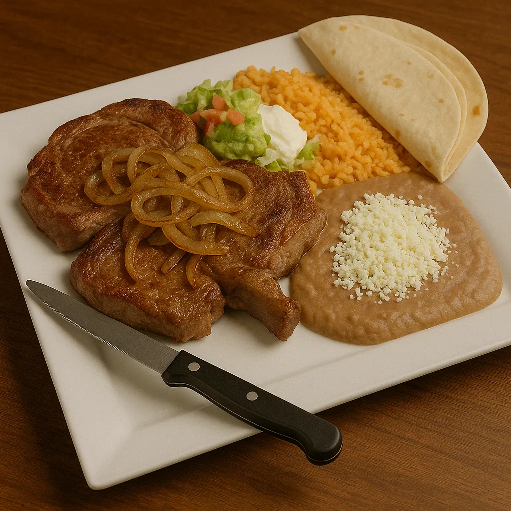 Carne asada plate at Vallarta’s Wesley Chapel with two grilled ribeye steaks, onions, refried beans, Mexican rice, guacamole salad, and flour tortillas on a white plate