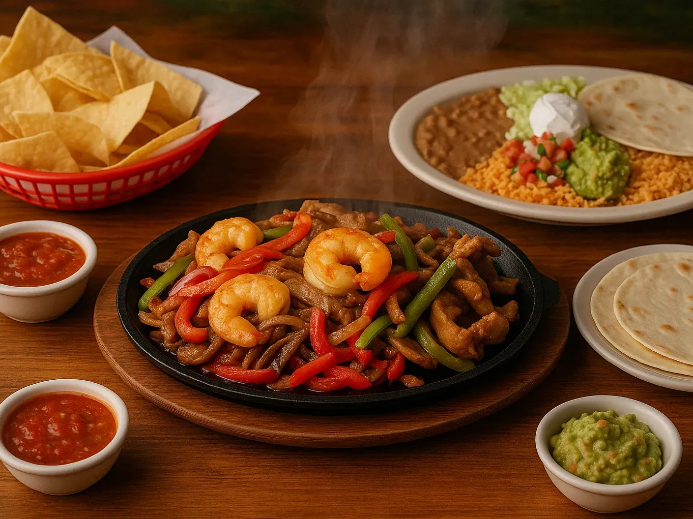 Sizzling Fajitas Vallarta’s at Vallarta’s Wesley Chapel with shrimp, steak, chicken, bell peppers, and onions on a cast-iron skillet