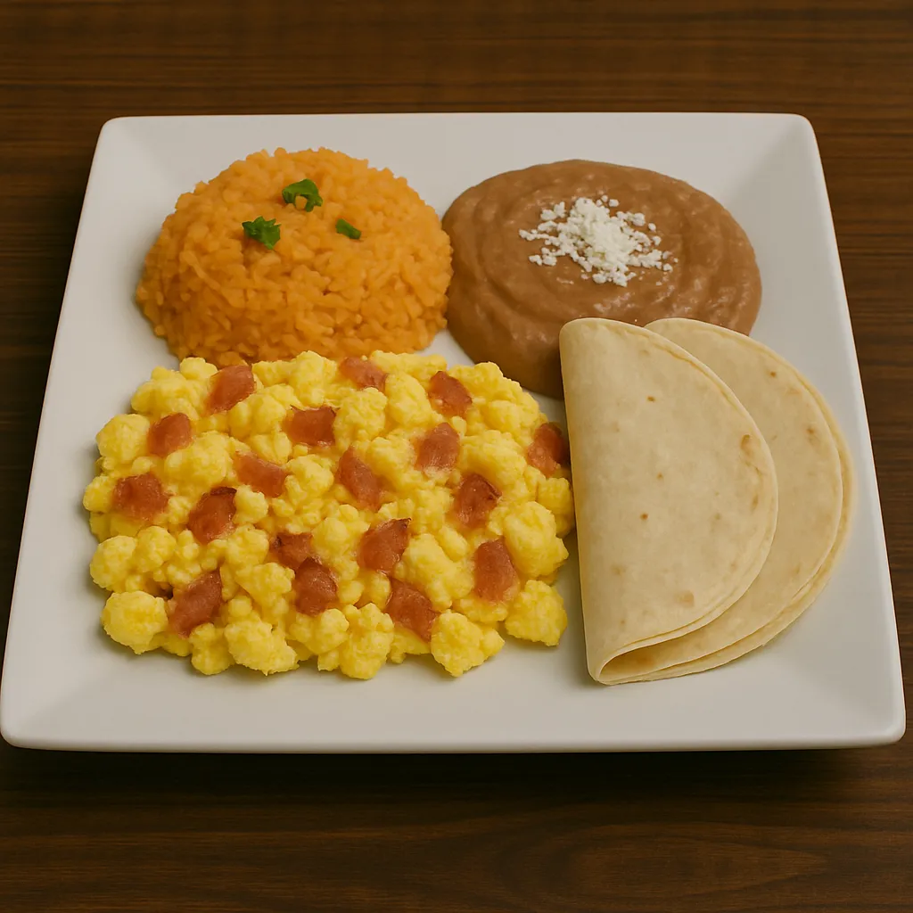 Huevos con tocino at Vallarta’s Wesley Chapel served with refried beans, Mexican rice, and warm tortillas