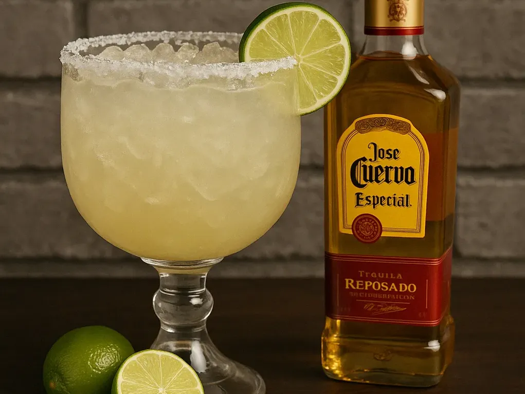 Jumbo house margarita at Vallarta’s Wesley Chapel in a salt-rimmed goblet with lime garnish and fresh limes on a rustic table