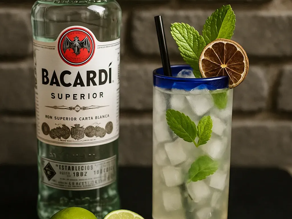 Mojito cocktail at Vallarta’s Wesley Chapel with fresh mint, lime, ice, and Bacardi bottle, served on a dark surface with brick background