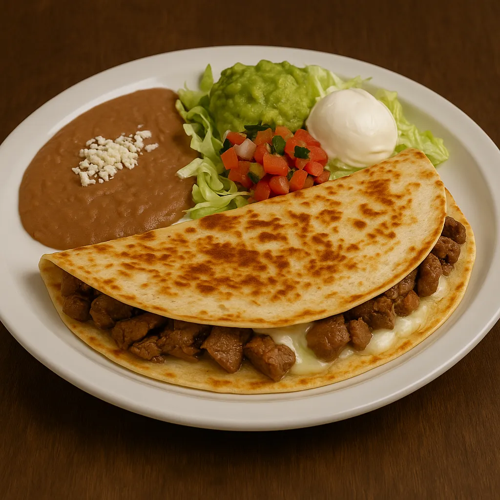 Quesadilla Mexicana at Vallarta’s Wesley Chapel with grilled flour tortilla, beef tips, cheese, refried beans, guacamole salad, tomato, lettuce, and sour cream on a white plate