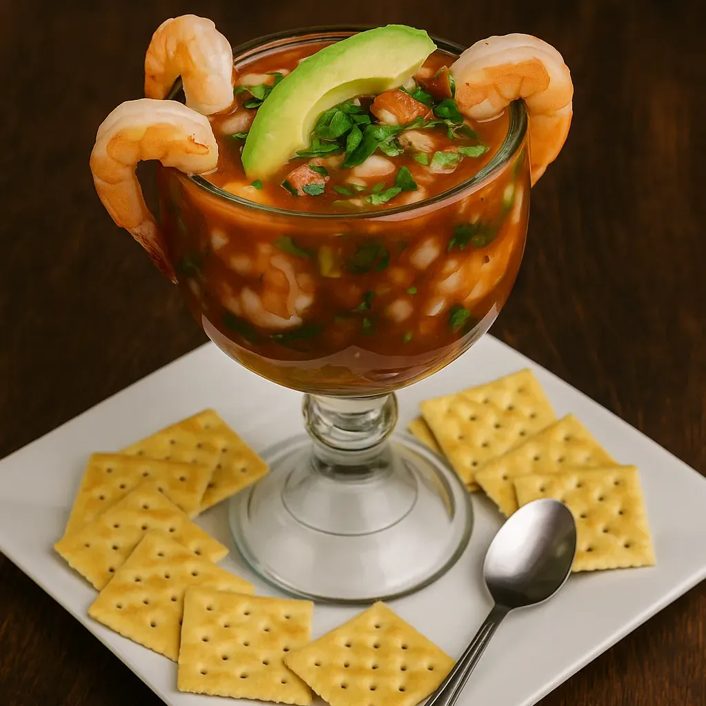 Shrimp cocktail at Vallarta’s Wesley Chapel with fresh shrimp, avocado, onions, tomato, and lime in a chilled glass