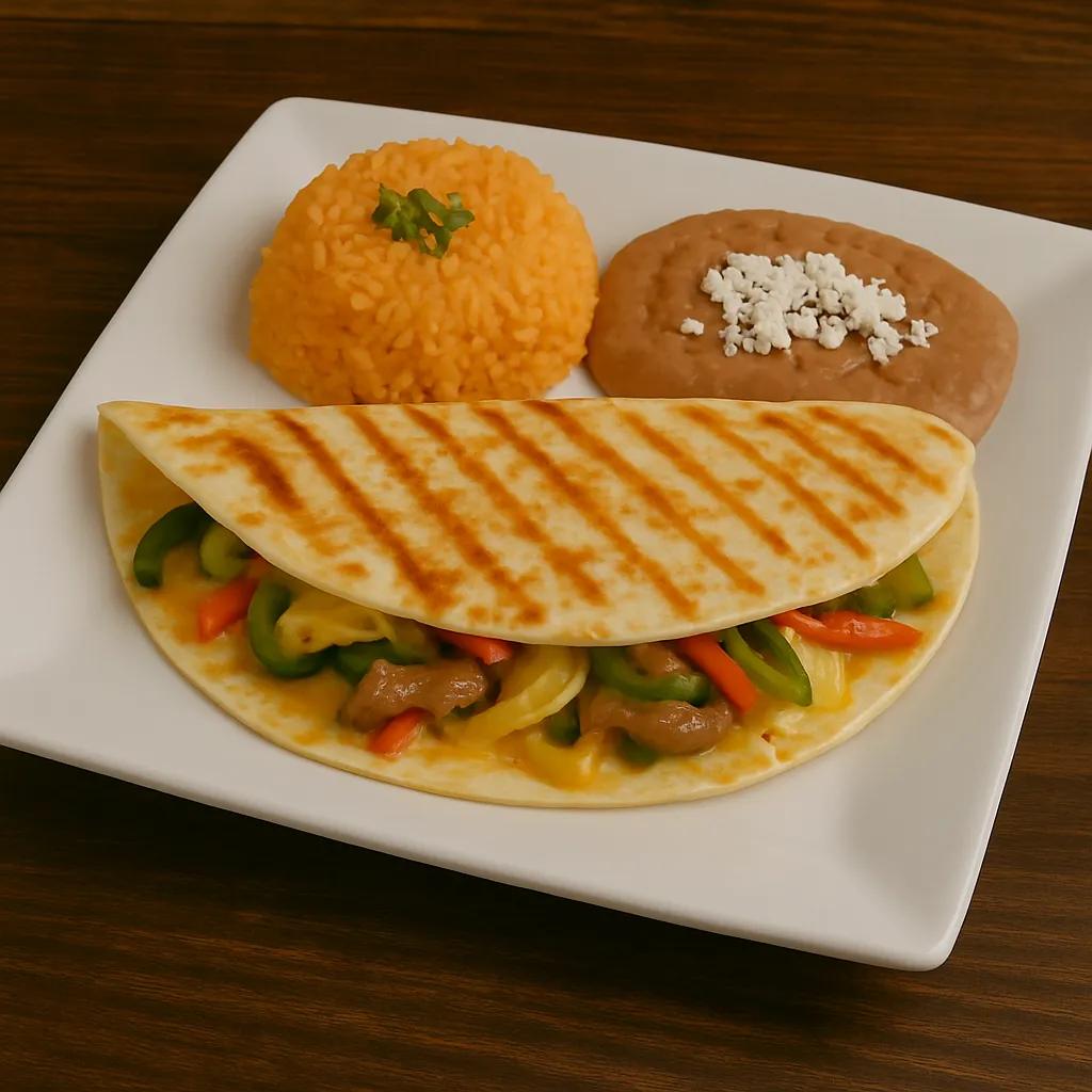 Vegetarian quesadilla at Vallarta’s Wesley Chapel filled with cheese and sautéed vegetables, served with Mexican rice, refried beans, and guacamole